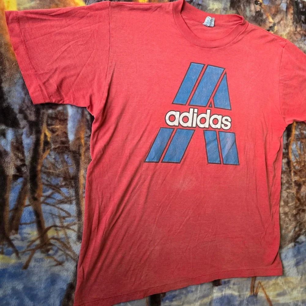 Vintage Adidas 80s Faded Red w/Blue Double Logo Single Stitch Tee sz Large